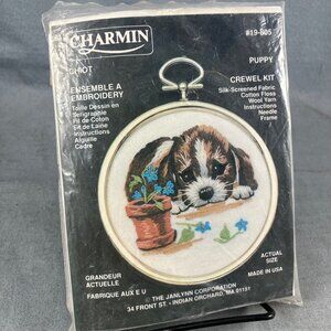 Vtg Janlynn Crewel Kit Puppy #19-805 with 3" Frame, Partly Done (Firm Price)